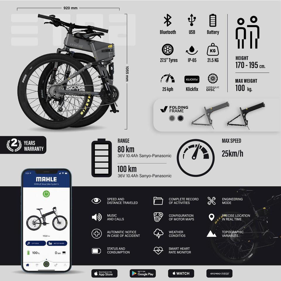 VÉLO VTT ÉLECTRIQUE PLIANT 27,5" SMARTBIKE - LEGEND ETNA 14AH NOIR – Image 5